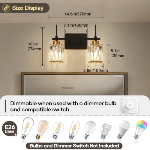 Image of Torondo Modern Crystal Bathroom Vanity Light 2-Lights Gold Bathroom Light Fixtures Over Mirror Black and Gold Vanity Lighting Fixtures Gold Square Shade Brass Wall Sconce (Bulbs Not Include)