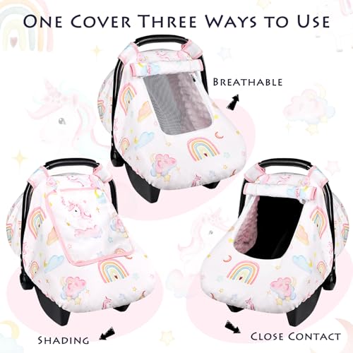 Image of Baby Carseat Cover Girls, Pea Pod Unicorn Infant Car Seat Covers Canopy for Newborn with 2 Layers Windows of Breathable Mesh /Fabric, Lightweight Polyester /Minky Dot Backing, Snug Fit