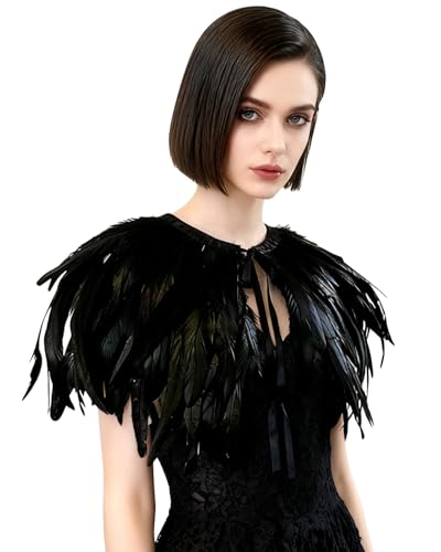 LVOW Black Gothic Victorian Natural Feather Cape Shawl Stole Poncho With Choker Collar (X- Black)