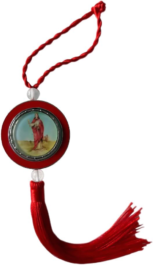 Medalla de Santa Barbara para colgar en Espejo retrovisor del carro o casa. Amuleto de Shangó para la Suerte. Ornamento religioso colgante Rojo y Plateado para tu auto y Altar
