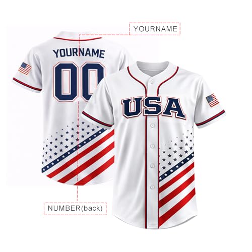 Camiseta de béisbol patriótica USA personalizada con nombre y número, con bandera americana, tipo camisa abotonada para hombres y mujeres miniatura 4
