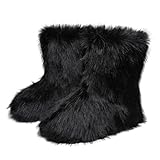 Women's Fluffy Faux Fur Snow Boots Warm Synthetic Fur Lined Outdoor Mid-Calf Fashion Round Toe Ladies Furry Boots Winter Girl Furry Snow Boots Indoor Outdoor Wear Non-Slip Flat Fur Shoes Black UK7.5