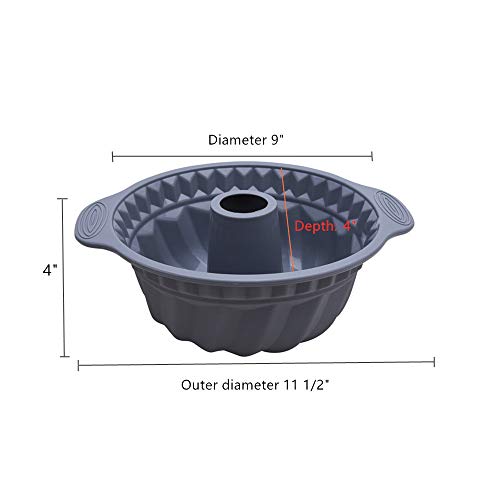 Grade Fluted Round Cake Pan,Silicone Baking Molds-Professional Non-Stick Pound Mold With handle,9 Inches Tube Bakeware Gray (Gray)