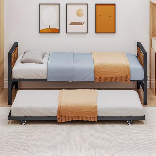 DWVO Twin Daybed with Trundle, Metal Sofa Bed Frame with Wood Headboard and Pull-Out Trundle, Adjustable Height Trundle Daybed for Guest Room, Living Room, Easy Assembly, Black
