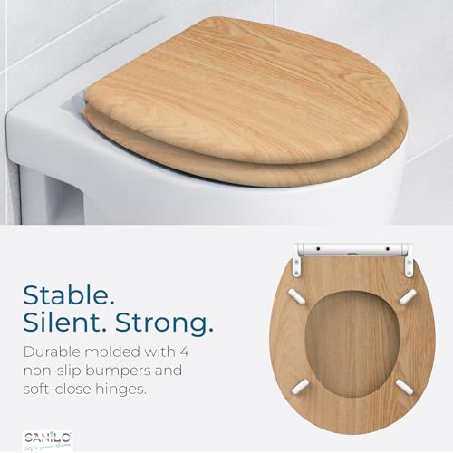 Image of Sanilo Wooden Toilet Seat with Quick Release & Soft Close [ROUND] - Decorative & Slow Close Molded Wood Seat - With One Click for Easy Installation & Cleaning - With Adjustable Fit (Wood)