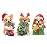 Hodao Christmas Puppy Figurines Set of 3 – Mini Resin Dog Ornaments with Santa Hat, Gift Box & Tree, Indoor&Office Tabletop Home Decor, Cute Holiday Figurines, Winter Gift for Families&Friends