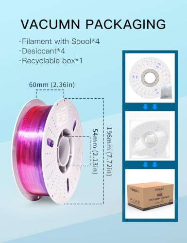 Image of PINBALL Rainbow PETG 3D Printer Filament 1.75mm, Multicolor Translucent PETG Filament Bundle, Accuracy + /- 0.02 mm, 4kg in Total