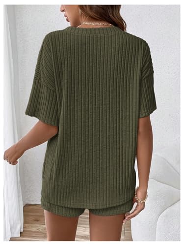Image of MakeMeChic Women's Maternity 2 Piece Outfits Summer Short Sleeve Rib Knit Tee Top and Short Lounge Sets Clothes