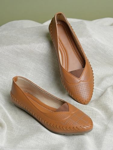 Image of Duosoft Comfort Walk Women's Perforated Leather Flats, Tan, Hand-Stitched, Breathable & Lightweight, Cushioned Insole, Flexible Sole