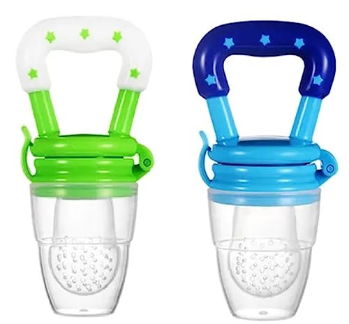 Image of Yummy Baby Fresh Fruit & Food Feeding Teether (2 Pack), Food Grade, BPA-Free, Ultra-Soft Silicone Pouches (Blue /Green Stars)
