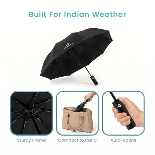 Image of Portable Auto Travel Umbrella - Windproof for Rain, Strong for Wind, Auto Open /Close Button, Perfect UV Protection Compact Folding Car Umbrella (Chhata) for Men & Women