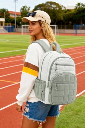 Image of Bookbag for Women, Teen Girls Backpack for High School College Student, Puffer Quilted Back Pack Cute Laptop Backpack for Work Travel Mom Casual Daypack, Beige Green