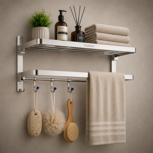 Image of EVANEX Towel Rack for Bathroom 304 Stainless Steel Towel Holder 24 Inch Folding Towel Rack with Shelf Wall Mounted Chrome Finish Bathroom Organizer, Bathroom Accessories Set