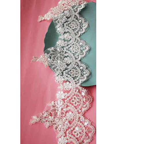 1Yard White/Ivory Cording Fabric Sequins Flower Venise Venice Mesh Lace Trim Applique Sewing Craft For Wedding Decor #TOP2