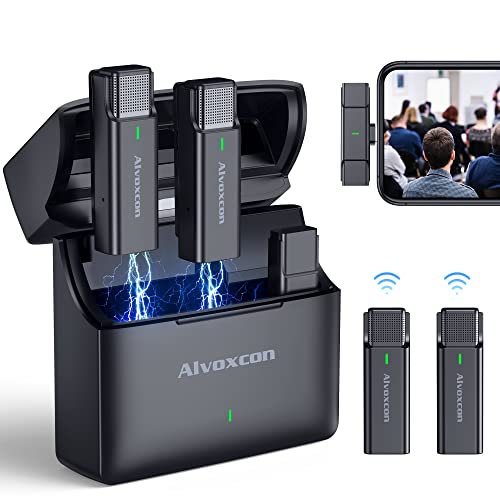 Alvoxcon Système de microphone cravate sans fil à double revers pour iPhone, iPad, 2,4 GHz avec étui de chargement pour interview, TikTok, Facebook Live Stream, YouTube Vlog Cover