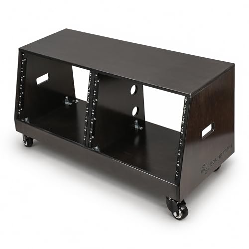 Image of Sound Town DIY 2 x 8U Slanted Double-Bay Studio Rack with Casters for Home Studio and Recording Room, Baltic Birch Plywood, Black Espresso (SDRK-D8TD)