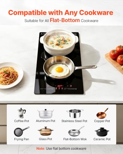 Image of VEVOR Electric Cooktop 12inch 2 Burners Portable Stove Top 1800W 120V, Ceramic Countertop /Built-in Radiant Electric Stove, with 9 Power Levels, Timer, Child Lock, Over-Heat Guard, Touch Control