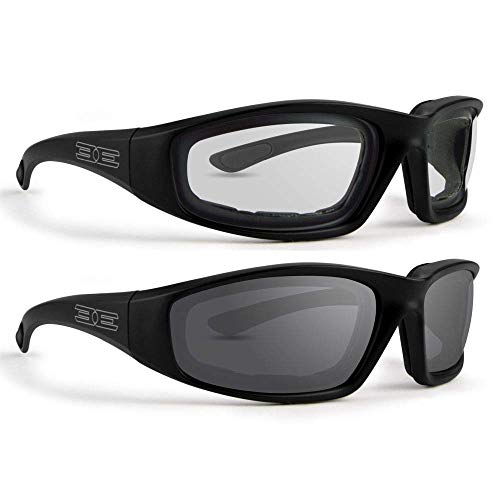 Epoch Eyewear 2 Pair Foam Padded Motorcycle Sunglasses - Black Frames with Smoke & Clear Lenses