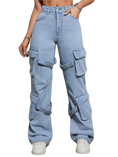 Image of Glossia Fashion Blue Women Cargo Jeans | High Waist Stretchable Wide Leg Loose Fit Denim| Boyfriend Cargo Jeans for Women(WJ-1225)