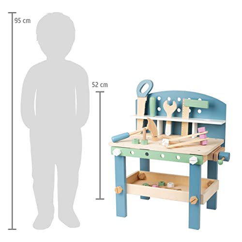 Image of Compact Wooden Workbench by Small Foot -Tool Bench Set in Nordic Theme - 21+ Piece Playset Includes Hammer, Saw, Screwdriver, Nails, Screws and Measuring Stick - Improves Motor Skills - Ages 3+ Years