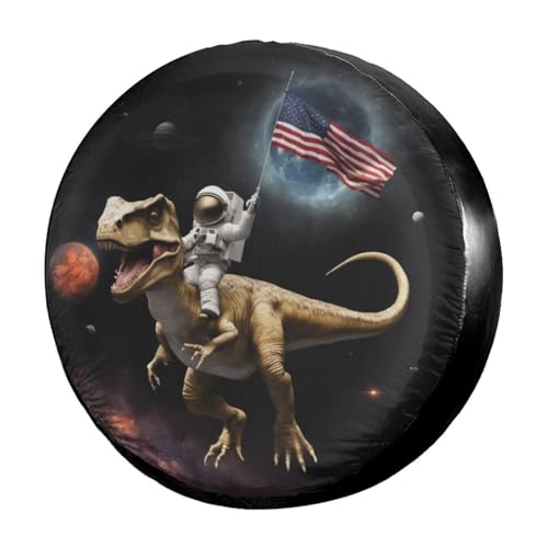 Image of Delerain Astronaut Dinosuar American Flag Spare Tire Cover for RV Trailer SUV Truck and Many Vehicle, Wheel Covers Sun Protector Waterproof (15 Inch for Diameter 27 inch-29 inch)