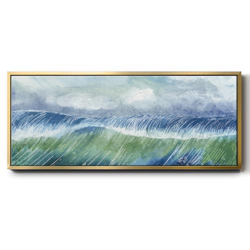 Renditions Gallery Floater Framed Home Decor Crashing Ocean Waves Canvas Painting and Prints for Bedroom Office Kitchen Lobby - 20"x50" Gold Frame LT618