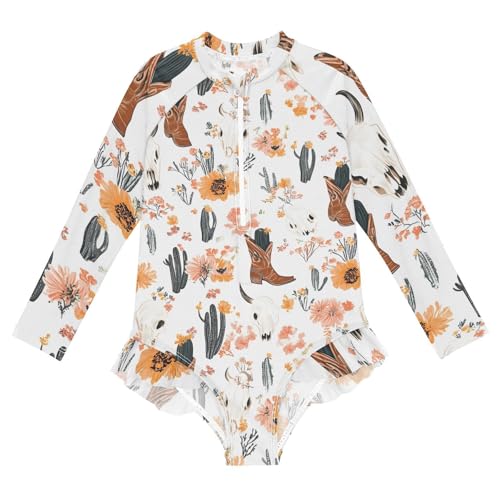 Girls One Piece Swimsuits Long Sleeve Swimsuit Zipper Bathing Suits Western Cowboy Boots Cactus Flower Pattern