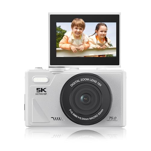 LICAEVEY Cámara Digital de 5k para Fotografía, Cámara de Vlogging WiFi de 75MP para Youtube con Pantalla de Flip de 3 '180 °, Cámara de Videos de Enfoque Automático de Zoom Digital de 18x (White)