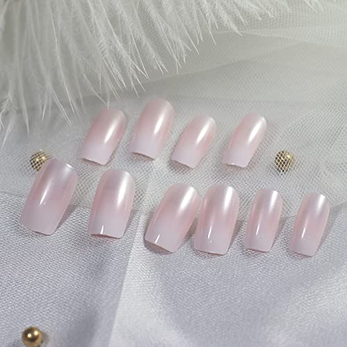 Ladgbp Press On Nails Shimmer Pearls Shade Medium Square Fake Nail Gradient Light Pink Full Cover French False Nails Pre-Design For Women Girls Manicure Forfestival Birthday 24 Pcs #TOP5