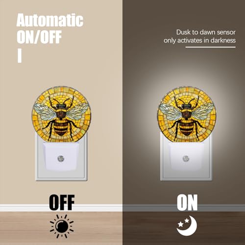 Image of Round LED Night Lights Lamp with Dusk to Dawn Sensor, 3D Circular Stained Glass with Bumblebee Night Light Plug Into Wall for Kids Room, Bedroom, Bathroom, Kitchen, Hallway