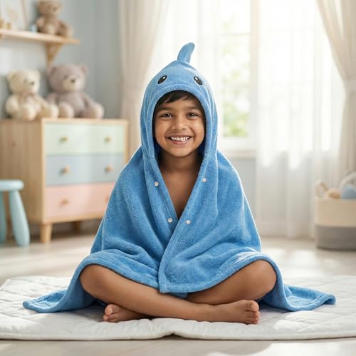 Image of Story@Home Towel for Kids with Hood | Quick Dry Kids Towel | Soft Lightweight Baby Wrap for Beach |300 GSM 120 X 60CM Pool Towel for Boys & Girls |Kids Microfiber Towels for Bath - Blue Shark
