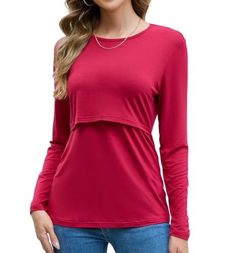 Sosolism Winter Maternity Nursing Shirts for Women Breastfeeding Tops, Wine,M