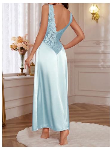 Image of WDIRARA Women's Satin Sleepwear Nightgown | Lace, Backless, Deep V Neck, Sleeveless, Long