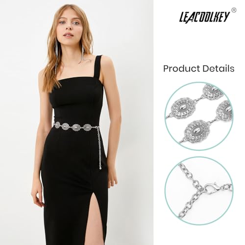 Image of LEACOOLKEY Women Turquoise Concho Chain Waist Belt Silver Western Cowgirl Metal Chain Belt for Dress Adjustable