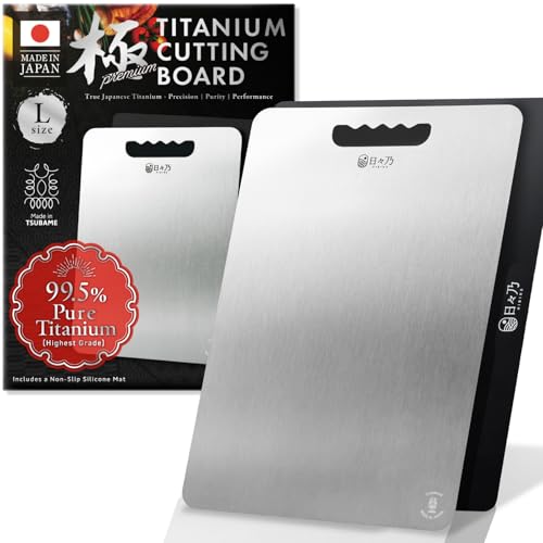 Comparison: Best Cutting Board Japan 5 HIBINO Titanium Cutting Board | 99.5% Pure Japanese Titanium | Non-Toxic | Lightweight & Dishwasher Safe | L Size | Made in Japan | With Non-Slip Mat | For Kitchen & Camping Use