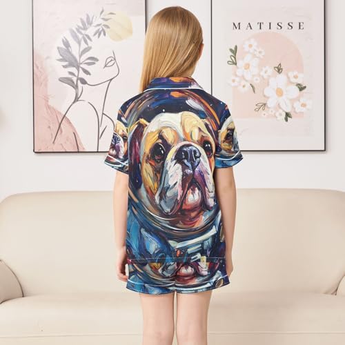 ALAZA Bulldog Dog Astronaut Oil Painting Satin Pajamas Set Short Sleeve Button Down Sleepwear Summer Pjs 2 Piece4