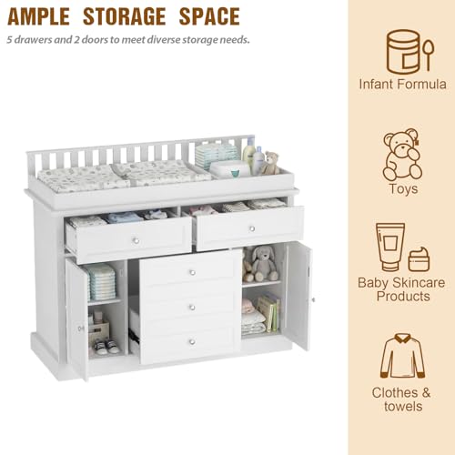 Timechee 46“ Baby Dresser with Changing Table Top, White Dresser with Storage Drawers and Doors for Nursery, Multifunctional Nursery Baby Changing Table Dressers, Diaper Station Cabinet for Kids Room