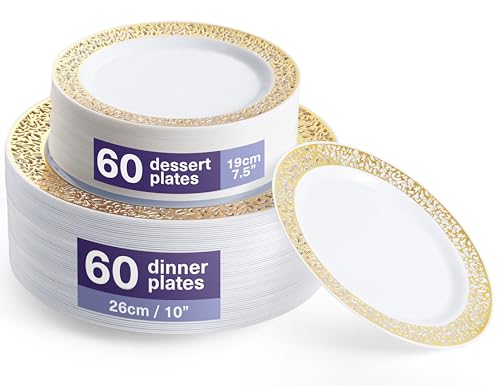 Matana - 120 Piatti in Plastica Bianca Premium con Bordo Oro (2 Misure: 60 x 26cm, 60 x 19cm) - Eleganti, Resistenti e Riutilizzabili - Matrimoni, Compleanni, Battesimi, BBQ, Natale, Feste