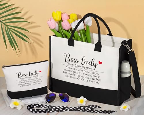Image of MAYICIVO Bosses Day Gifts for Her Women, Cool Boss Lady Gifts Idea for Bosses Women Female Best Boss Appreciation Gift Christmas Birthday Farewell Gift - Canvas Tote Bag Makeup Bag