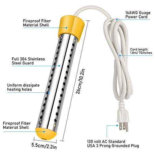 Immersion Heater, GESAIL 1500W Submersible Immersion Water Heater with Full 304 Stainless-steel Guard, Bucket Heater Heats 5 Gallons of Water in Mimutes - Yellow - Thumbnail 4