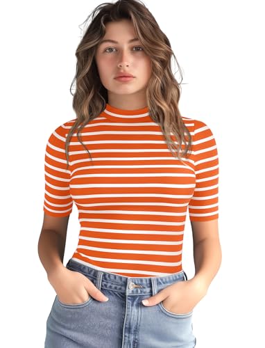 Zengjo Short Sleeve Turtleneck Women Striped T Shirt,Ribbed Mock Neck Top