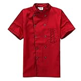 Short Sleeve Chef's Jacket Kitchen Cook Coat Stripe Uniforms (M, red)
