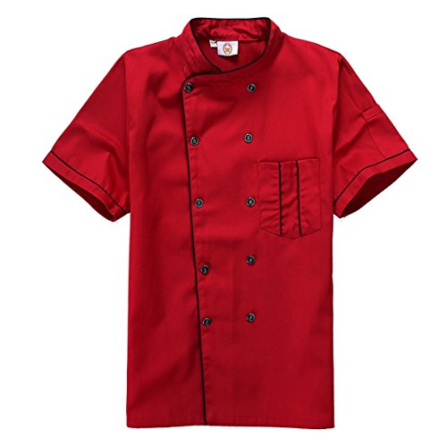 Short Sleeve Chef's Jacket Kitchen Cook Coat Stripe Uniforms (M, red)