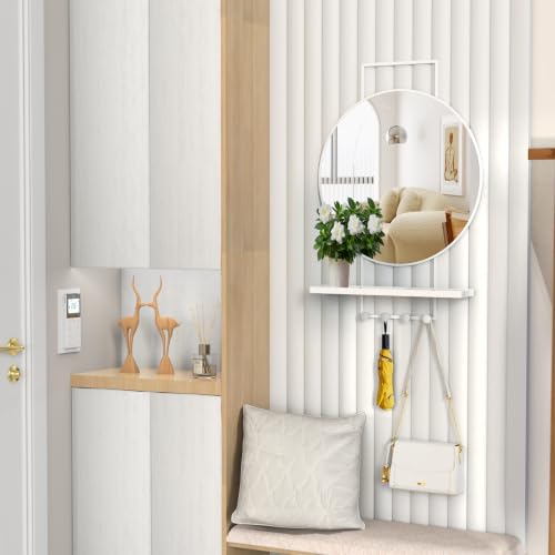 Image of BEAUTME Wall Mirror with Shelf and Hooks, 30x20 Inch Metal Framed Round Bathroom Mirrors with Shelf, Modern Farmhouse Wall Decor for Living Room Bedroom Entryway, Vertical (White)
