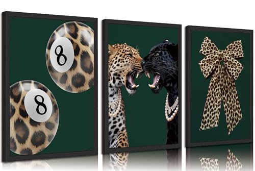 3pcs Trendy Leopard Canvas Wall Art Funky Lucky 8 Ball