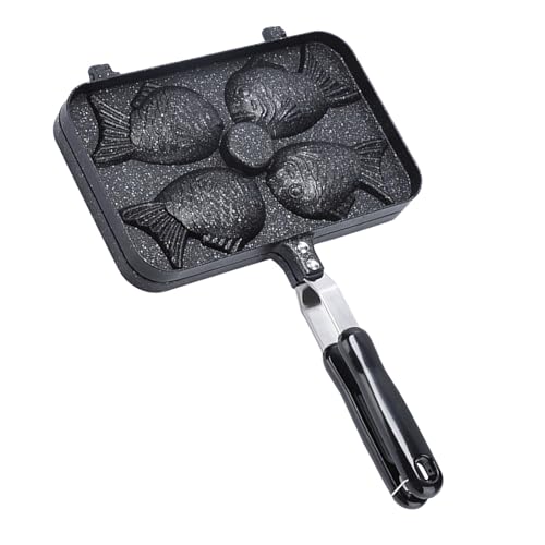 NIYANGLE Molde para Hornear Gofres con Forma de Pescado Antiadherente Sartén Doble para 4 Waffles con Mango Largo Adecuado para Postres Japoneses y Cocina Casera