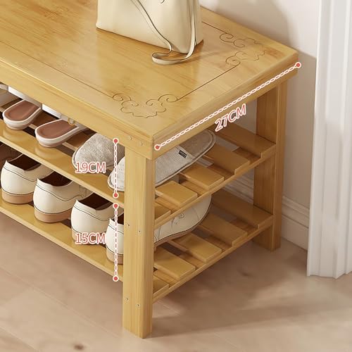 3-poziomowy bambusowy stojak na buty z siedziskiem, ławka do przechowywania, rzeźbiony stołek, do salonu, stylowa drewniana półka na buty (50 x 27 x 45 cm)
