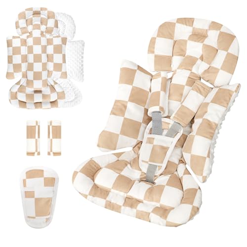 Image of DILIMI Infant Car Seat Insert, Baby Car Seat Head Support with 3 Strap Paddings, Soft Newborn Car Seat Cushion for Stroller, Swing, Bouncers, Brown Checkered