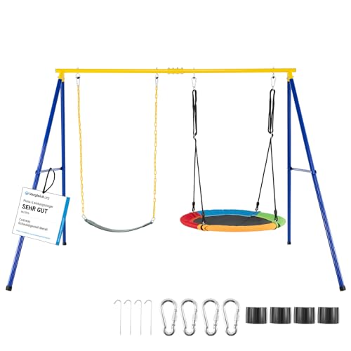 COSTWAY Portique Balançoire Extérieur en Métal avec 2 Balançoires, Balançoire Enfant Extérieur avec Cadre en Forme A & Cordes Réglables, Charge Max...