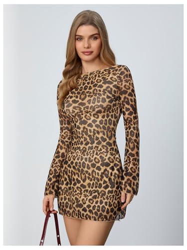 Image of MakeMeChic Women's Cheetah Print Mini Dress Y2k Bell Sleeve Leopard Print Dress Going Out Outfits